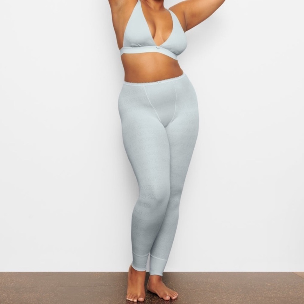 SKIMS SKY BLUE LACE SUBLTE LOGO POINTELLE LEGGINGS L NEW